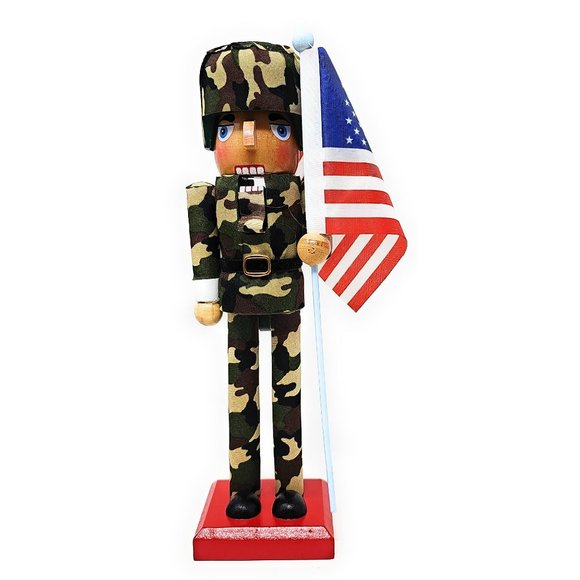 Military Patriotic Veteran 10" Nutcracker Soldier with USA Flag - Picture 1 of 3